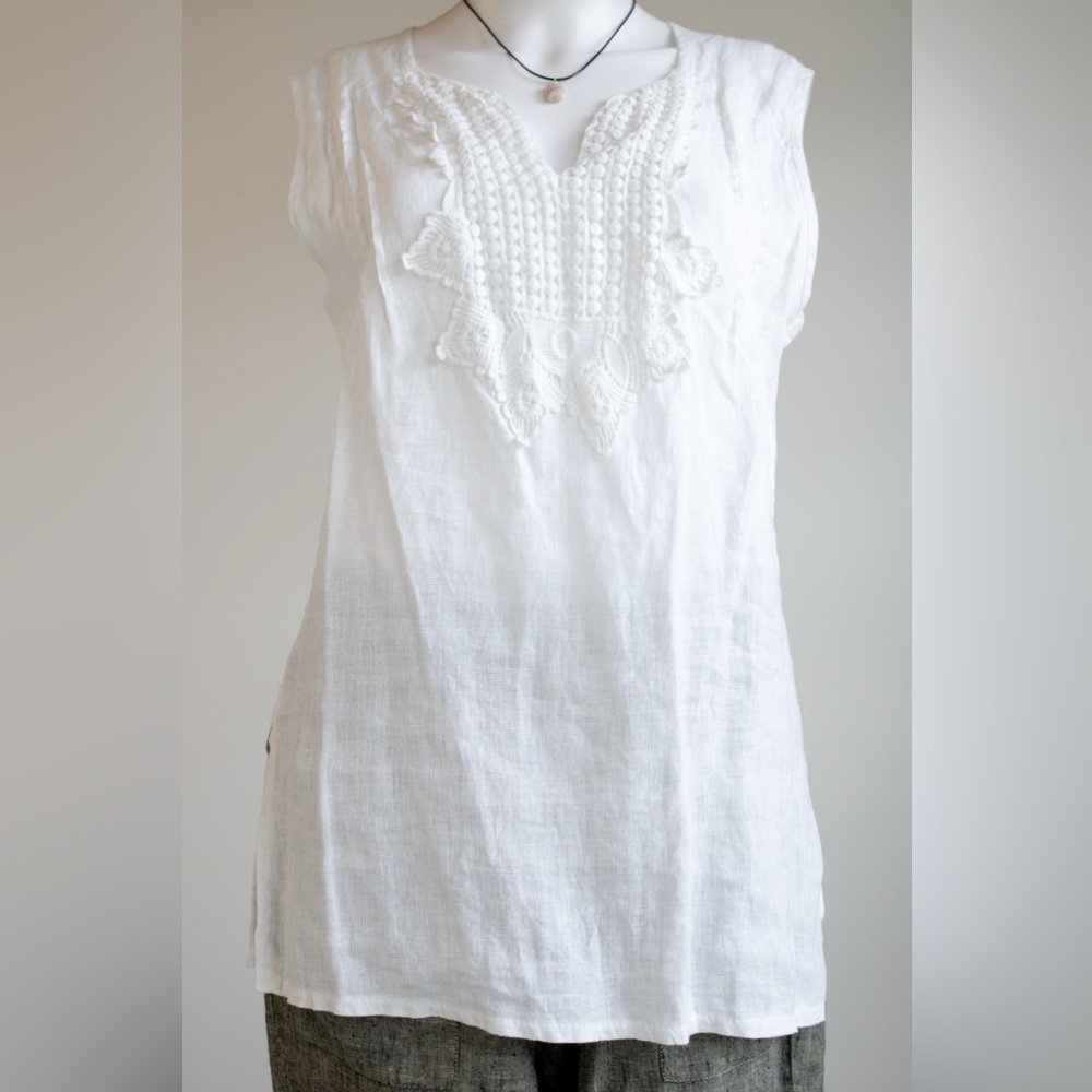 Marina Gigli White Lace Linen V-Neck Tunic Blouse Elegant Sleeveless Womens Top - Picture 5 of 12